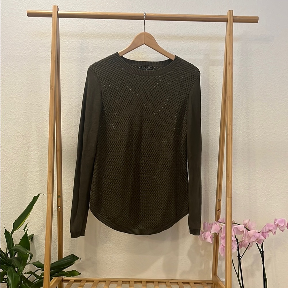 Lety & Me Dark Olive Green Knit Sweater with Suede Elbow Patches